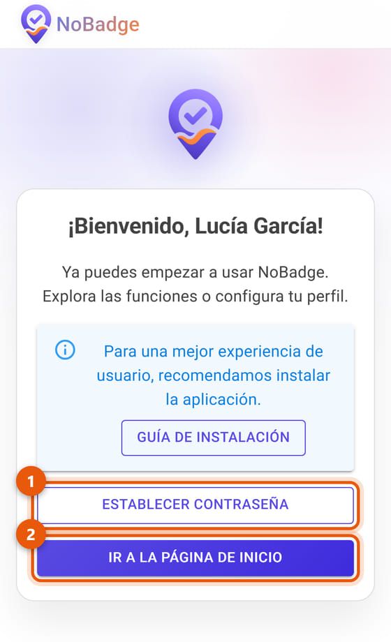 Página de bienvenida con Establecer contraseña e Ir a la página de inicio