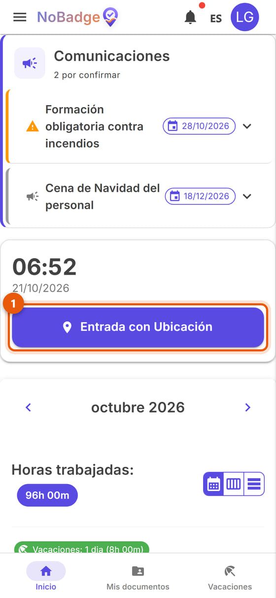 Inicio antes de fichar, con el botón Entrada con Ubicación