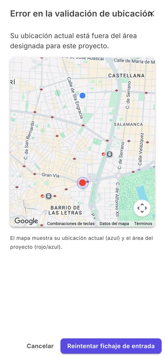 Error en la validación de ubicación: el mapa con tu posición y la zona del centro