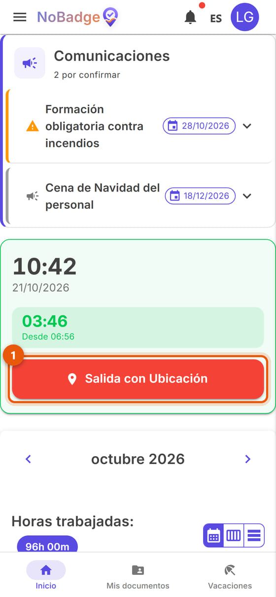 Inicio durante el turno, con el tiempo trabajado y el botón Salida con Ubicación