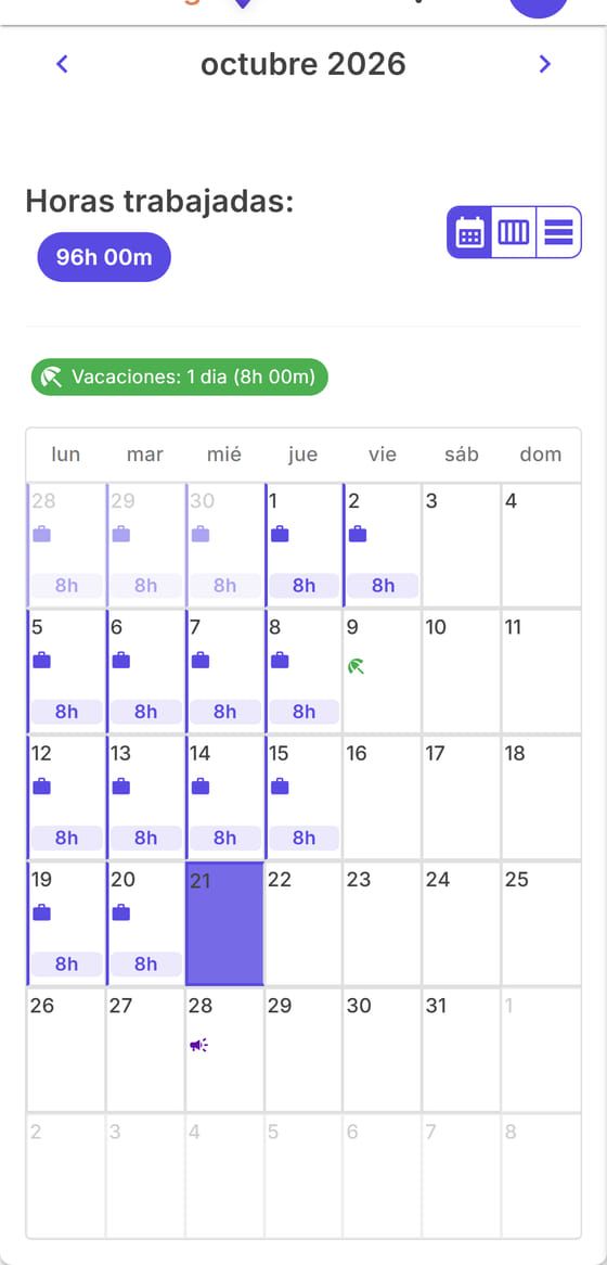 Calendario de octubre con las horas de cada día