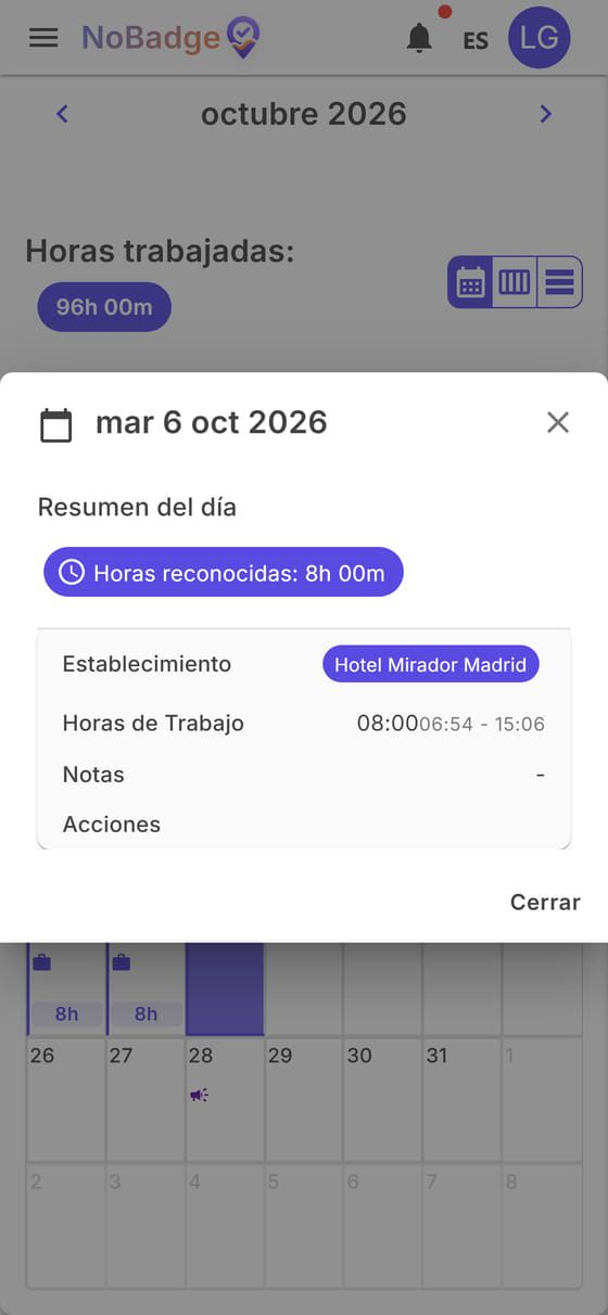 Detalle del 6 de octubre: 8h 00m reconocidas, horario 06:54–15:06