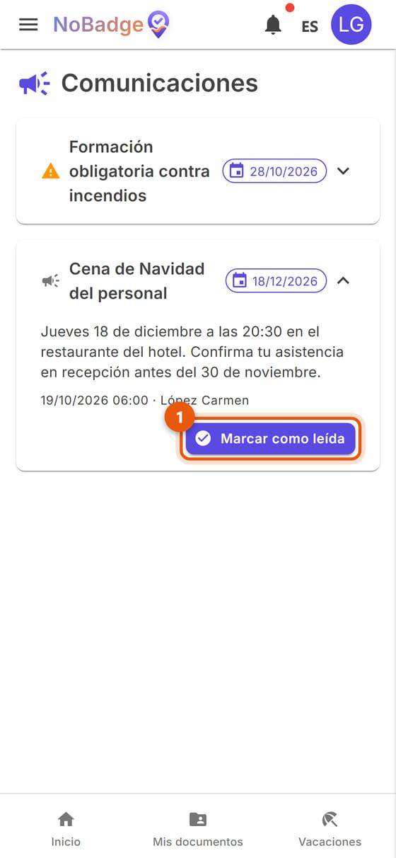 Comunicación abierta con el botón Marcar como leída