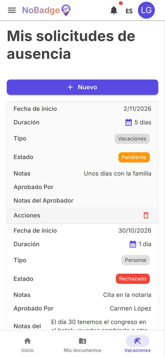Mis solicitudes de ausencia con un permiso rechazado y vacaciones pendientes