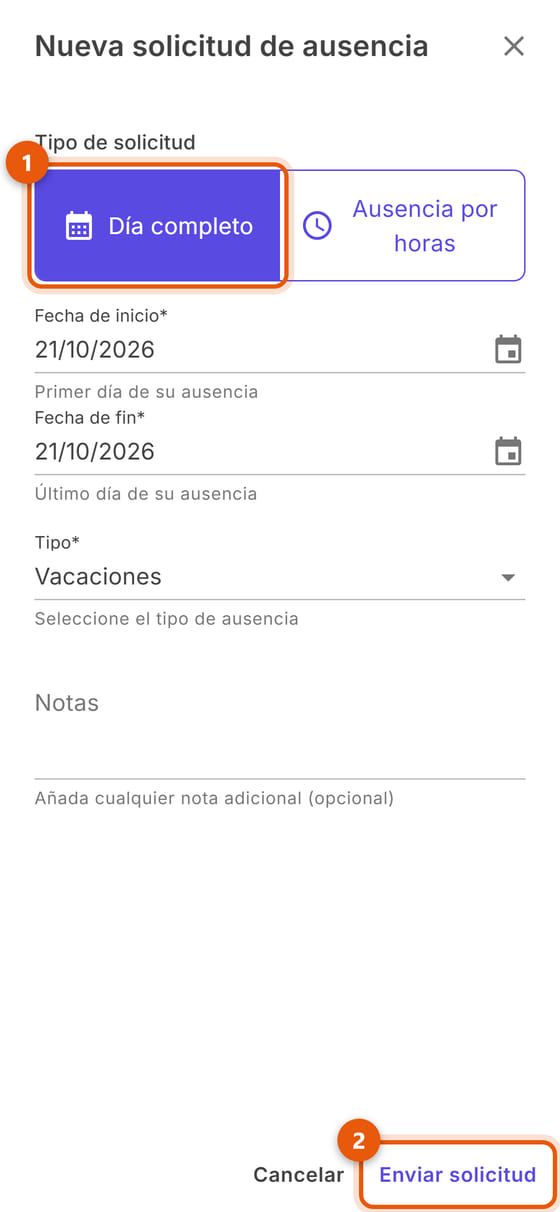 Nueva solicitud, día completo: fechas, tipo y notas