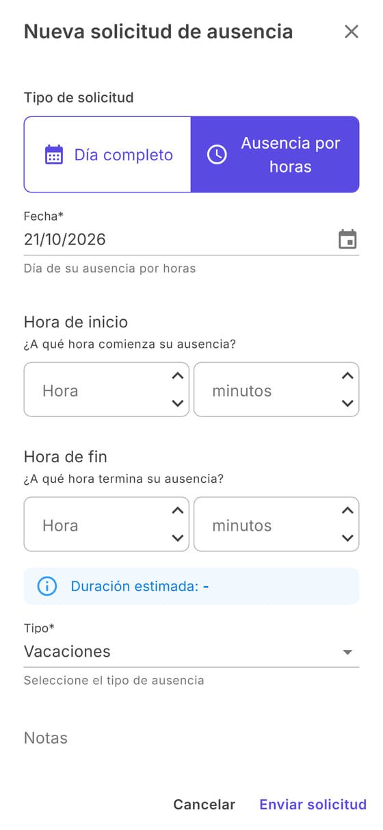 Nueva solicitud, ausencia por horas: fecha, hora de inicio y de fin