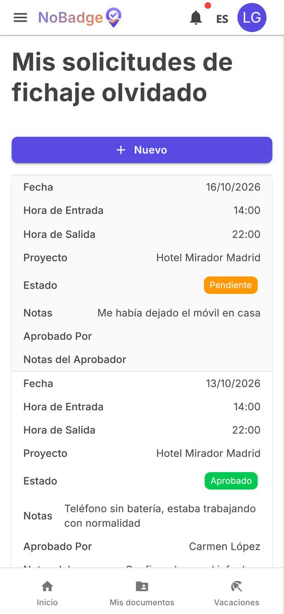 Mis solicitudes de fichaje olvidado: una pendiente y una aprobada