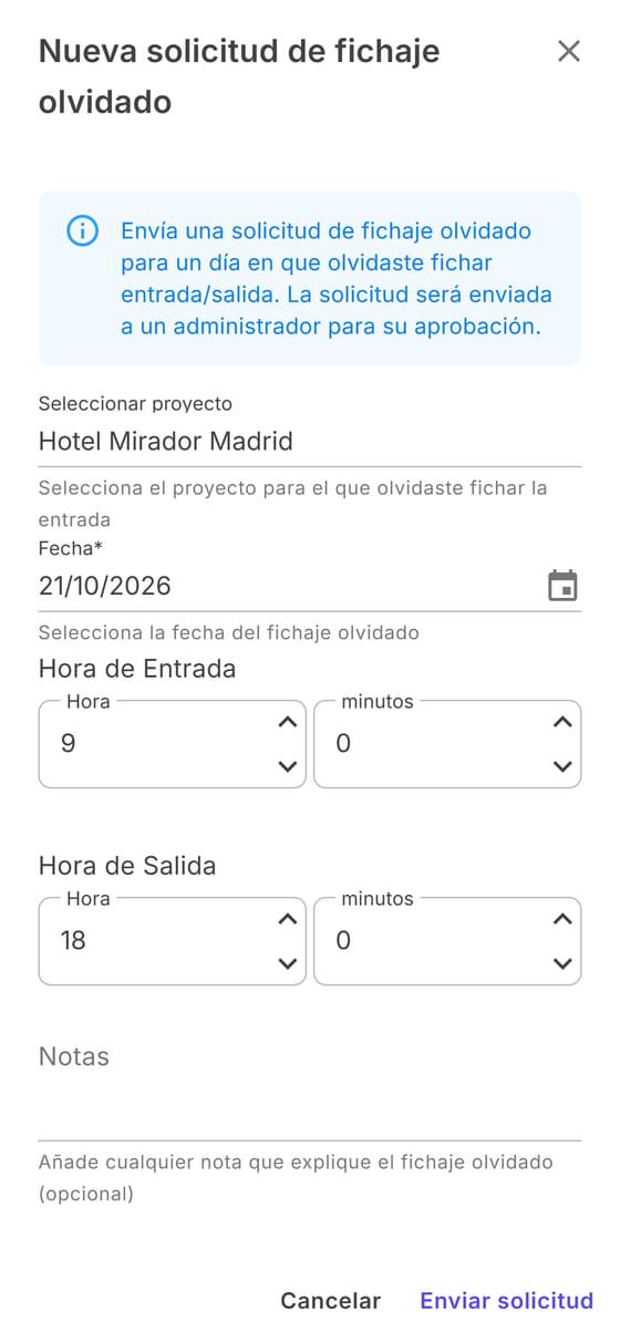 Nueva solicitud de fichaje olvidado: centro, fecha, horario y notas