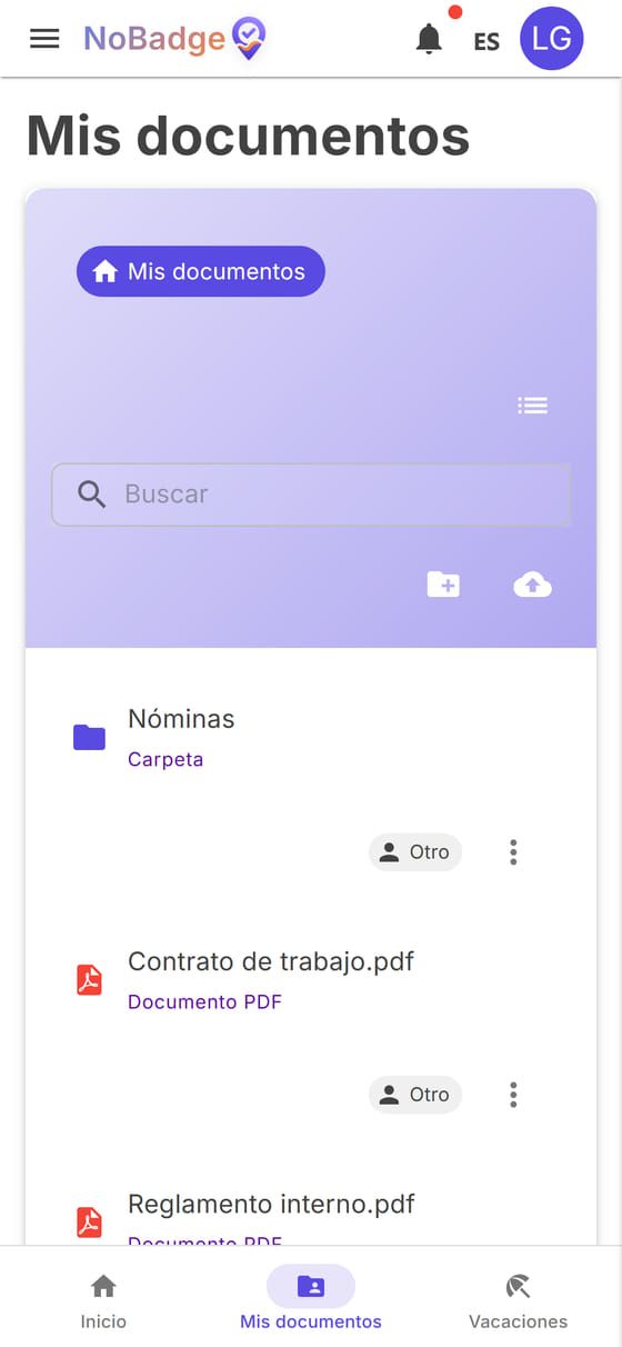 Mis documentos con la carpeta Nóminas, el contrato y el reglamento