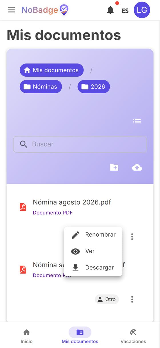 La carpeta Nóminas 2026 con el menú de un archivo: Renombrar, Ver, Descargar