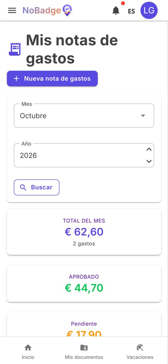 Mis notas de gastos de octubre: total, aprobado y pendiente