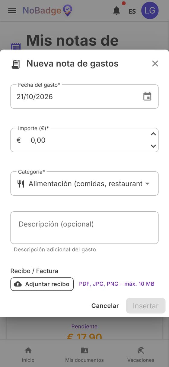 Ventana Nueva nota de gastos con fecha, importe, categoría y Adjuntar recibo