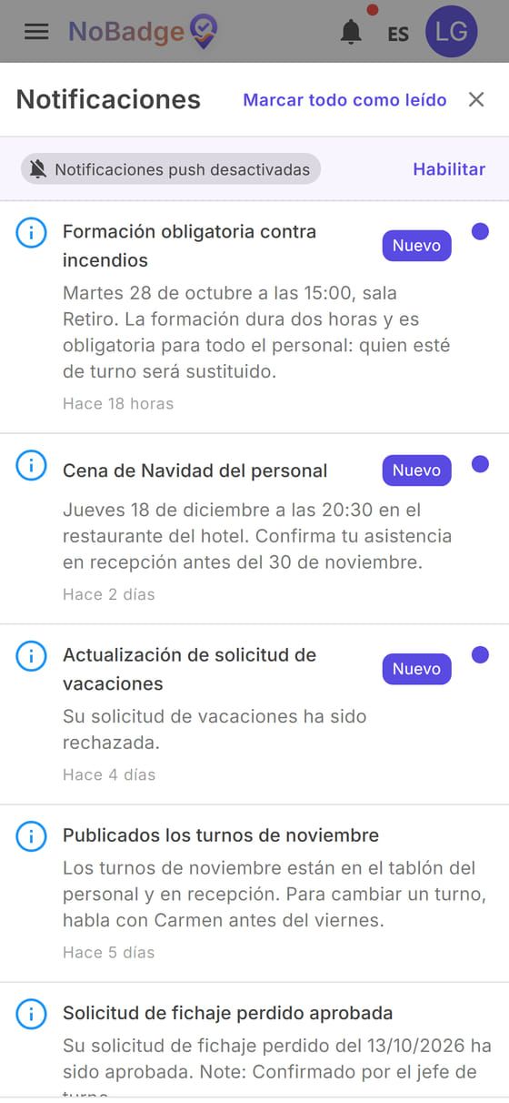 Panel de Notificaciones con solicitudes aprobadas y rechazadas y nuevas comunicaciones
