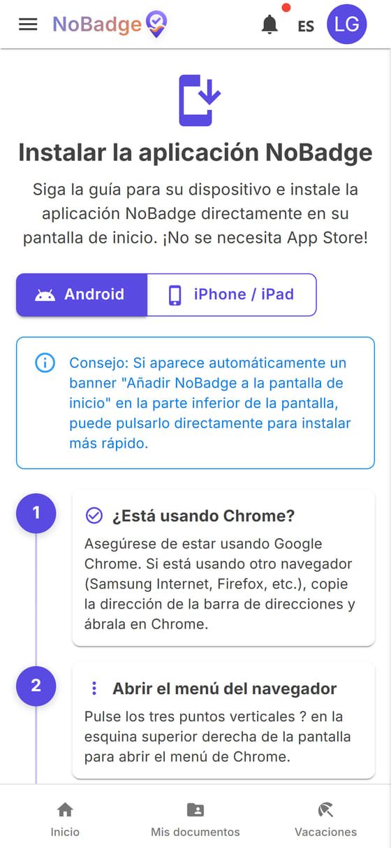 Página Instalar NoBadge con las guías para Android y iPhone