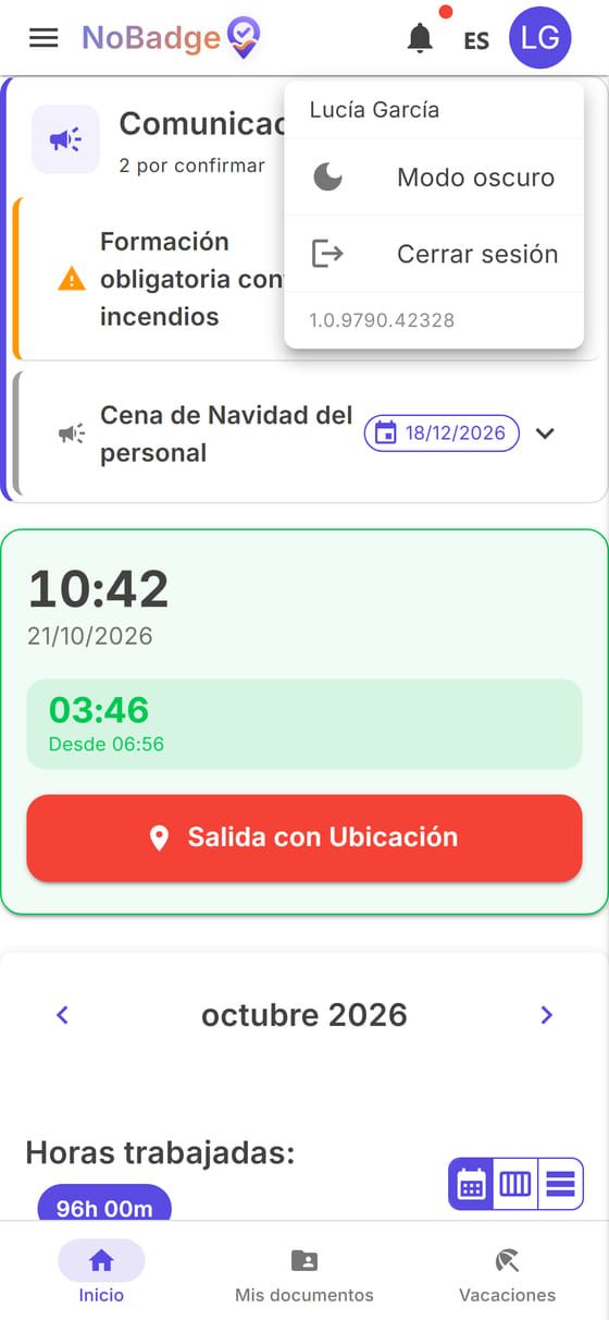 Menú de la cuenta con Modo oscuro y Cerrar sesión