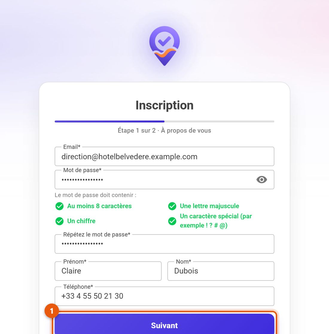 Inscription, première étape : e-mail, mot de passe, prénom, nom et téléphone