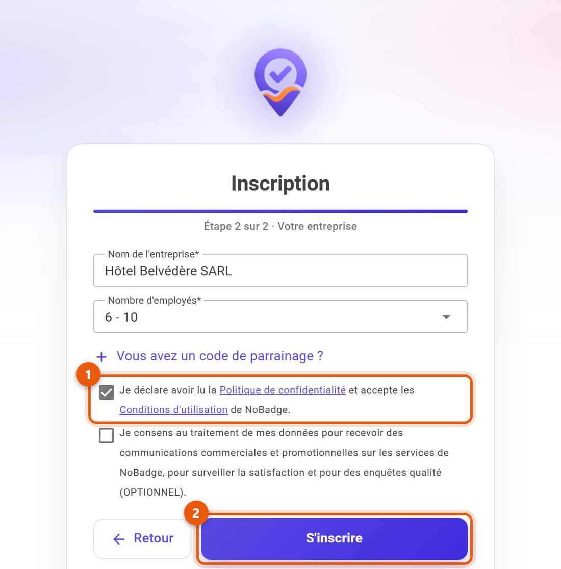 Inscription, deuxième étape : nom de l'entreprise, nombre de salariés, consentements et S'inscrire