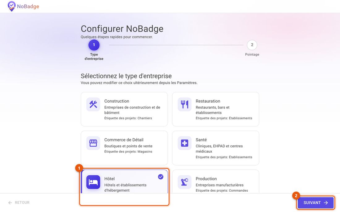 Configuration de NoBadge, étape Type d'entreprise, avec la carte Hôtel choisie