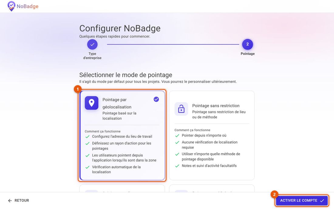 Étape Pointage avec le Pointage par géolocalisation choisi et Activer le compte