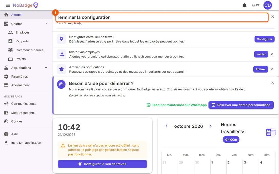Accueil d'une entreprise tout juste inscrite avec la liste Terminer la configuration