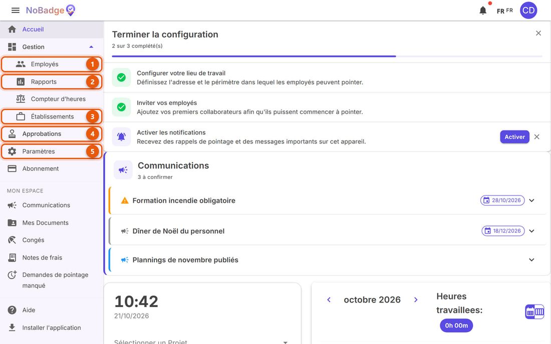 Accueil de l'administrateur avec Employés, Rapports, Établissements, Approbations et Paramètres mis en évidence