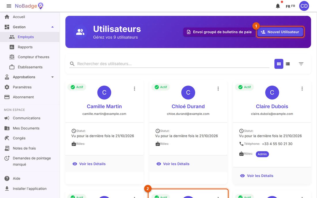 Liste des Utilisateurs avec le bouton Nouvel Utilisateur et une personne jamais connectée