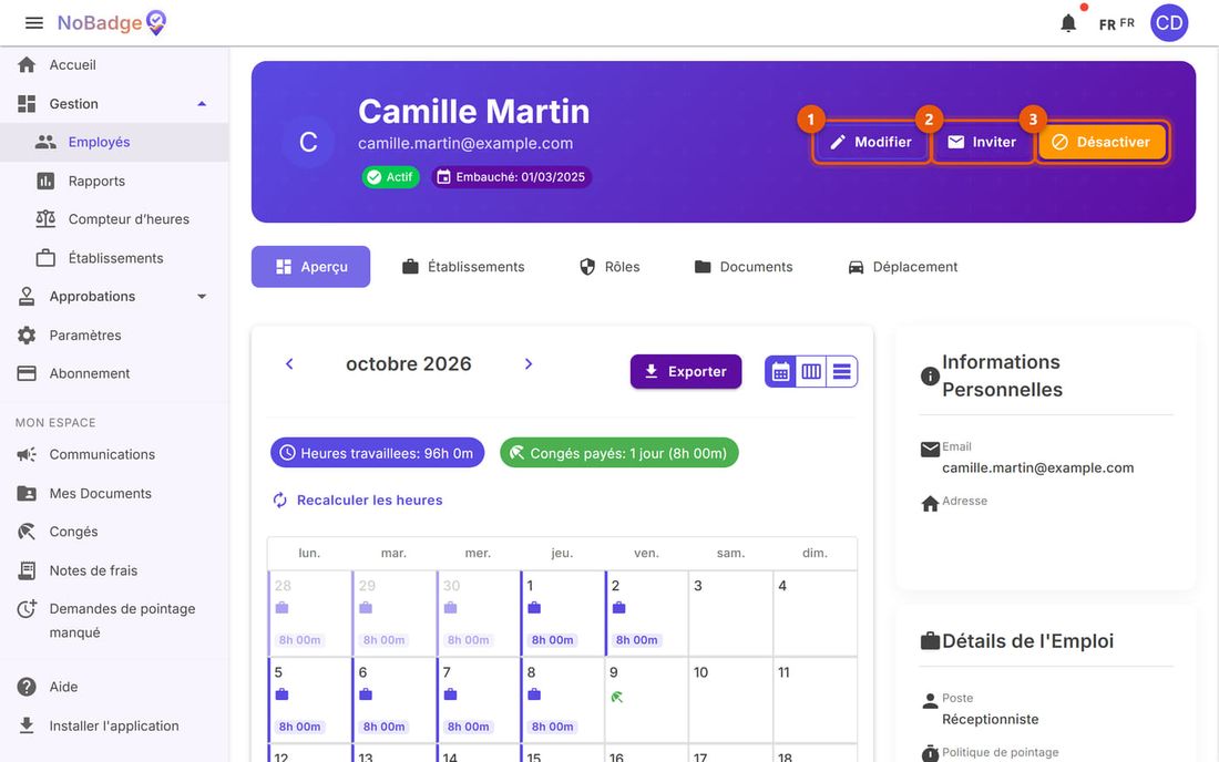 Fiche de Camille Martin avec les boutons Modifier, Inviter et Désactiver et le calendrier des heures