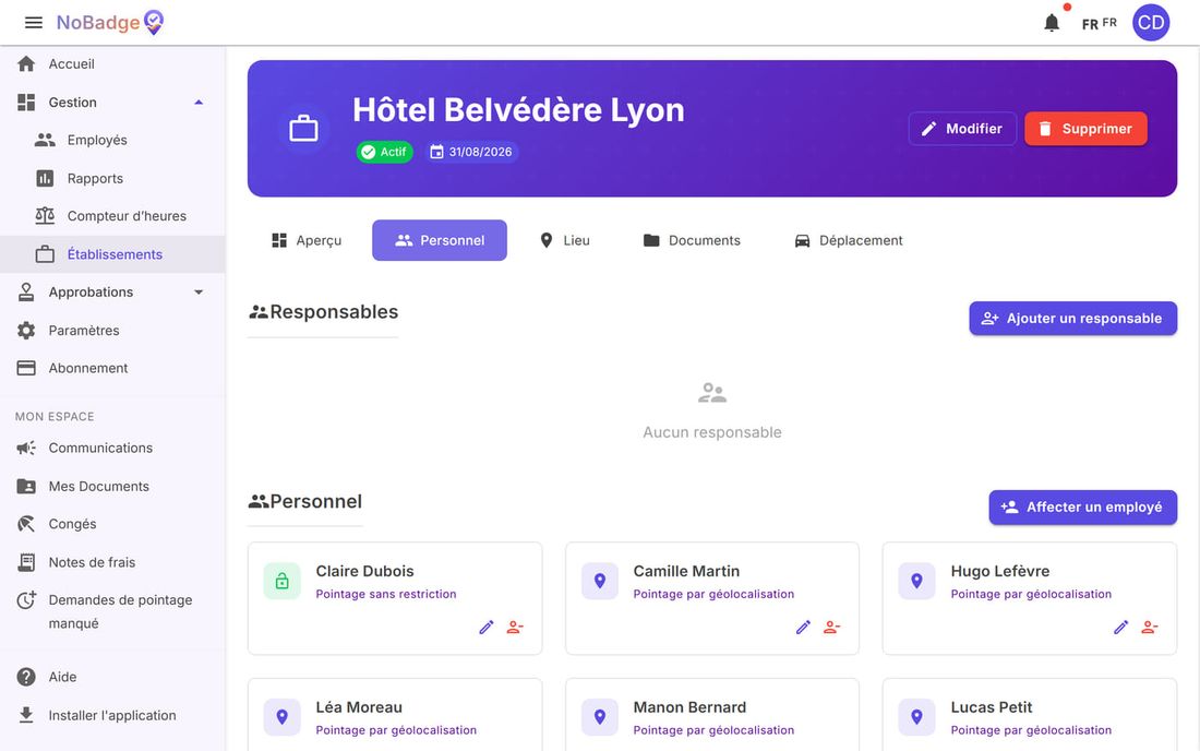 Onglet Personnel avec Ajouter un responsable, Affecter un employé et les personnes affectées