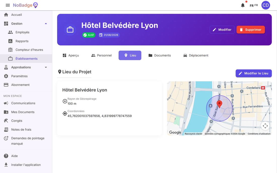 Onglet Lieu : rayon de 100 mètres, coordonnées et carte avec la zone de pointage