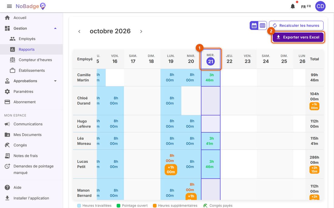 Rapport d'octobre avec la colonne d'aujourd'hui et le bouton Exporter vers Excel