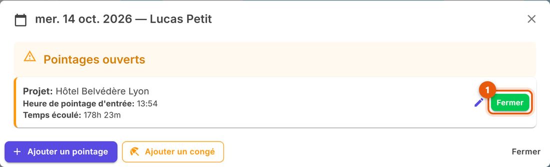 Détail du 14 octobre de Lucas Petit avec le pointage ouvert et le bouton Fermer