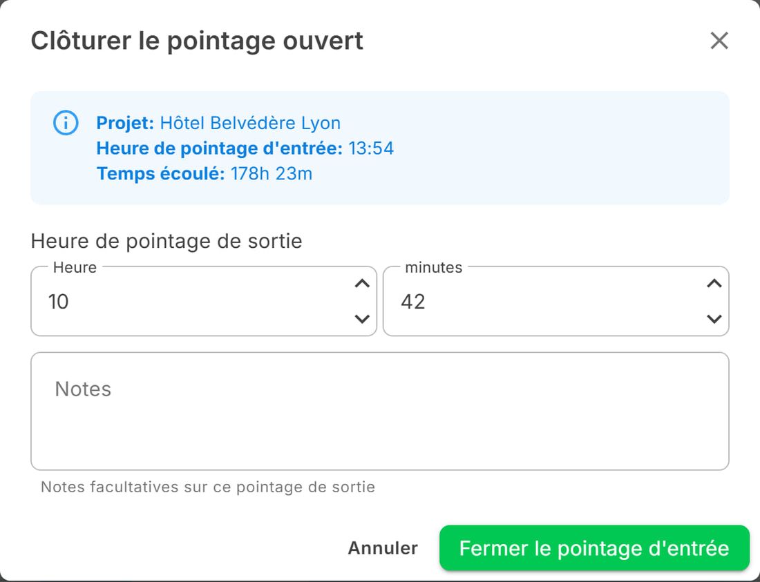 Fenêtre Clôturer le pointage ouvert avec l'heure de sortie et les notes