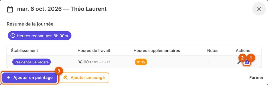 Détail du 6 octobre de Théo Laurent : 8h reconnues, 1h15 supplémentaires, icônes de calcul et de modification