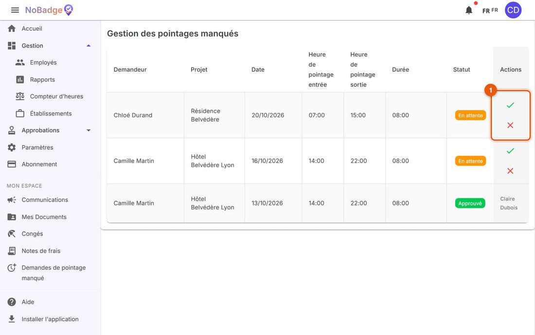 Gestion des pointages manqués avec la demande de Chloé Durand du 20 octobre