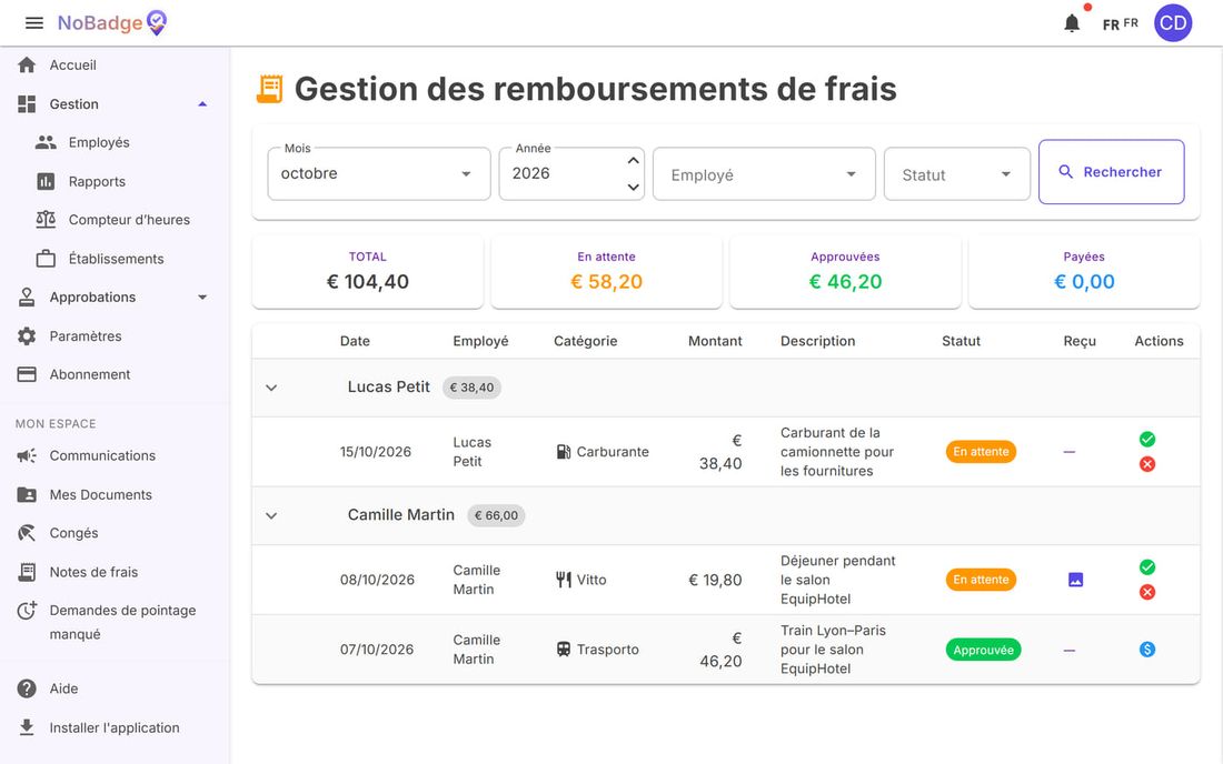 Gestion des remboursements de frais d'octobre avec les dépenses en attente et approuvées