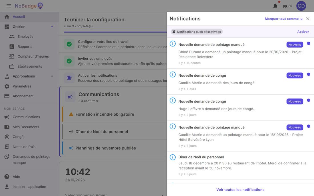 Panneau Notifications avec des demandes de congés et de pointages manqués