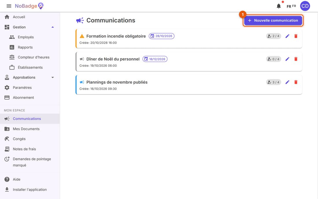 Communications de l'administrateur avec le bouton Nouvelle communication et les confirmations de lecture