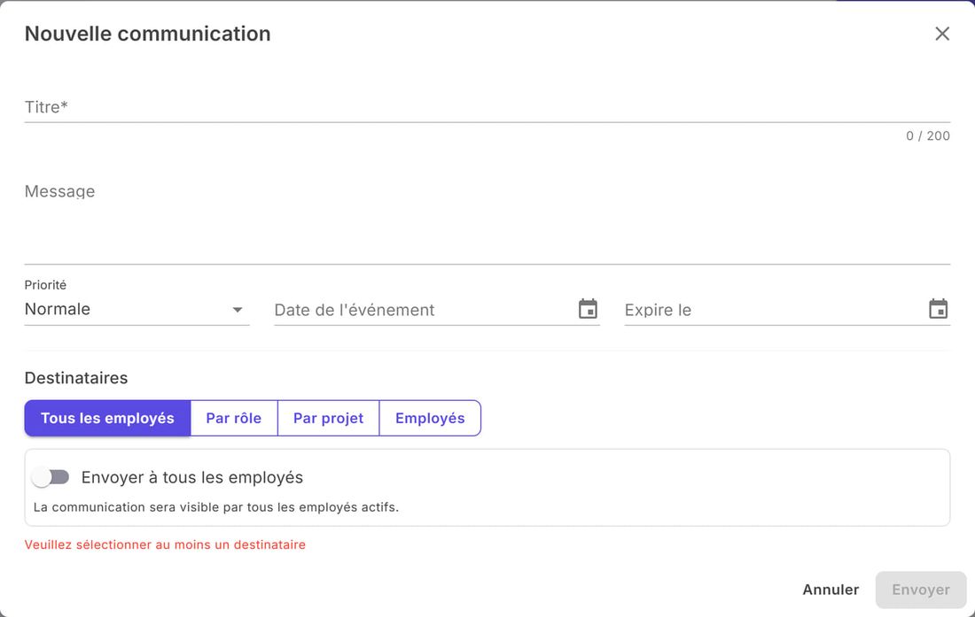 Fenêtre Nouvelle communication avec titre, message, priorité, dates et destinataires