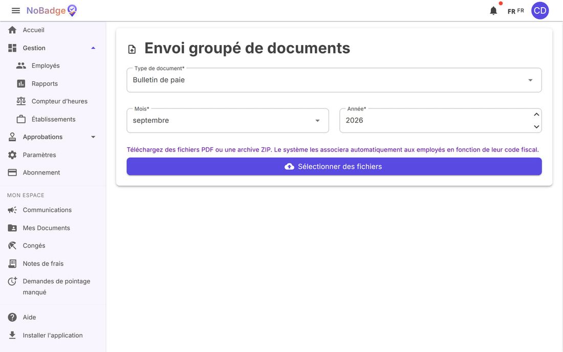 Envoi groupé de documents : type, mois, année et Sélectionner des fichiers