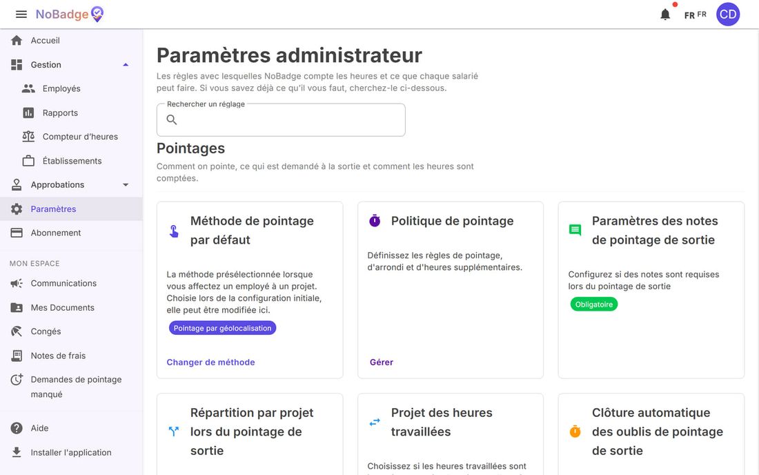 Paramètres administrateur, section Pointages
