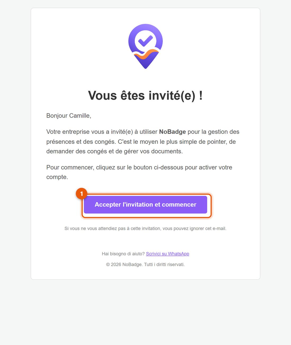 E-mail d'invitation avec le bouton Accepter l'invitation et commencer