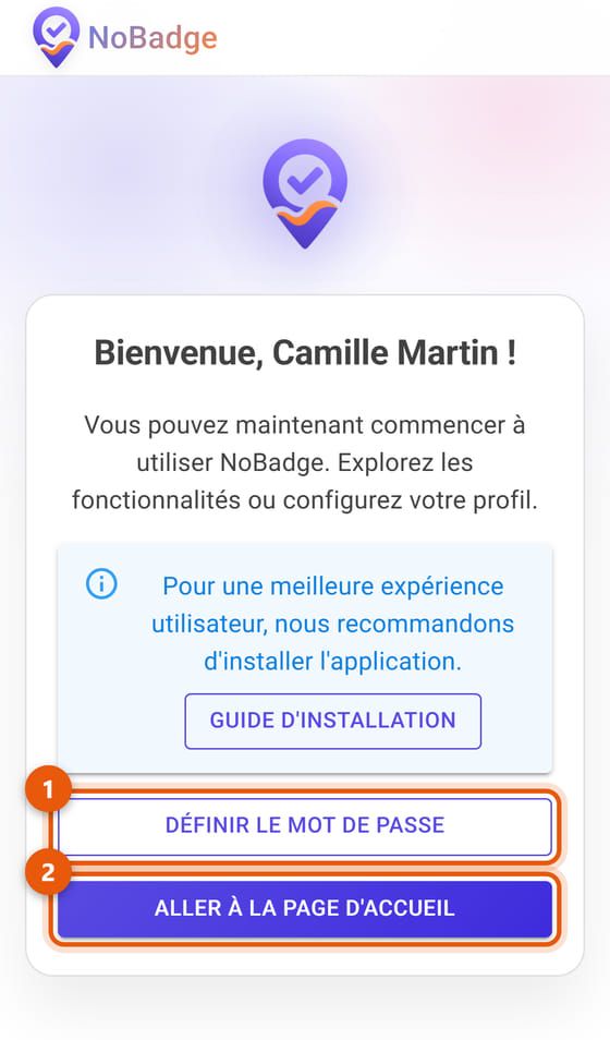 Page de bienvenue avec Définir le mot de passe et Aller à la page d'accueil
