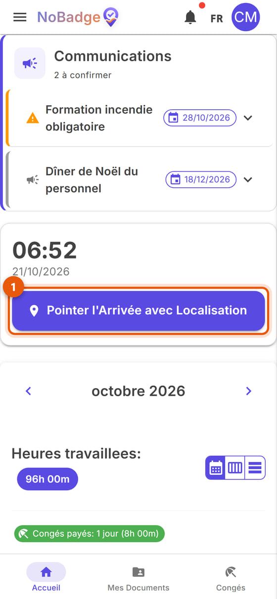 Accueil avant le pointage, avec le bouton Pointer l'Arrivée avec Localisation