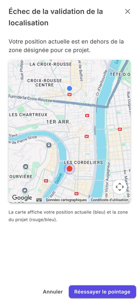 Échec de la validation de la localisation : la carte avec votre position et la zone de l'établissement