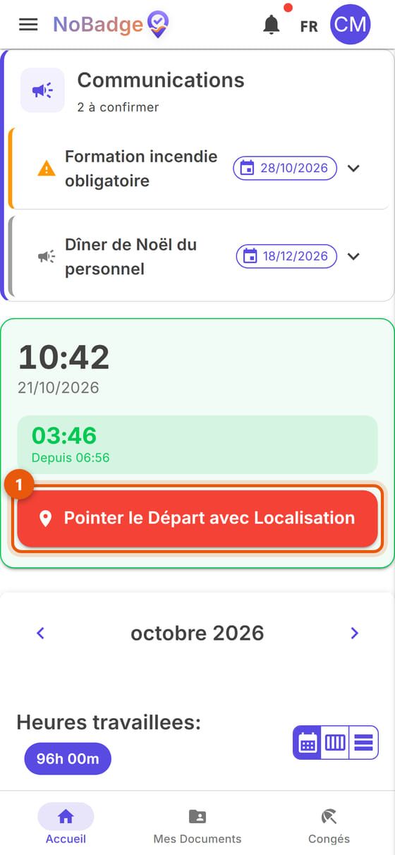 Accueil pendant le poste, avec le temps écoulé et le bouton Pointer le Départ avec Localisation