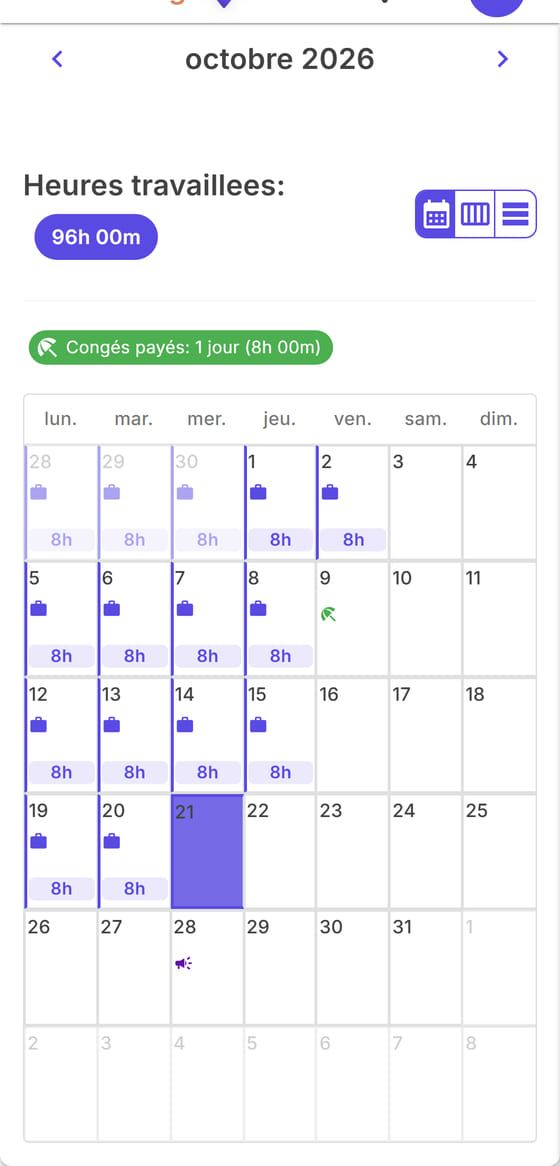 Calendrier d'octobre avec les heures de chaque jour