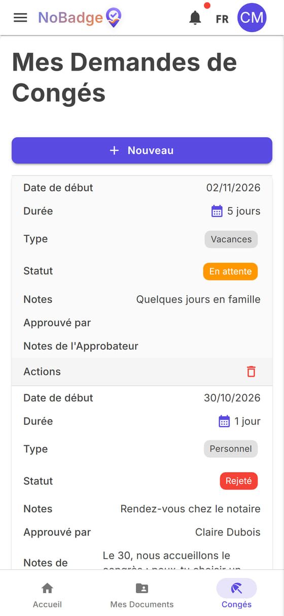 Mes Demandes de Congés avec une absence refusée et des congés en attente