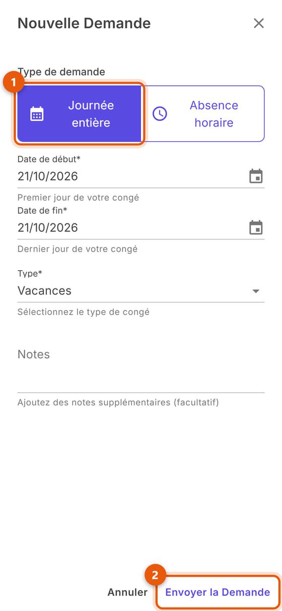 Nouvelle demande, journée entière : dates, type et notes