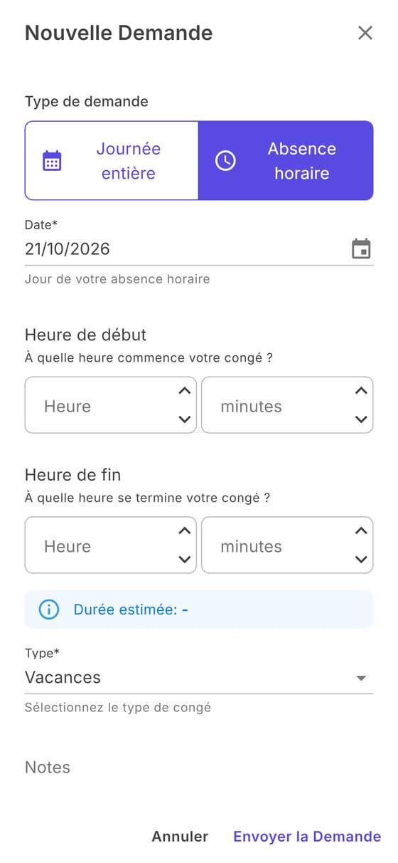 Nouvelle demande, absence horaire : date, heure de début et de fin