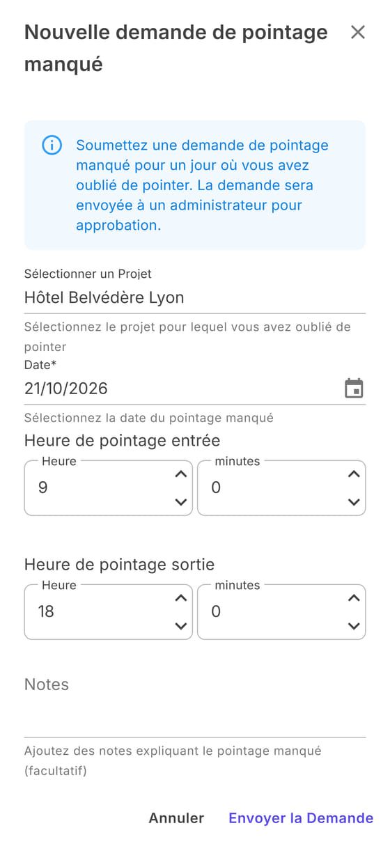 Nouvelle demande de pointage manqué : établissement, date, horaires et notes